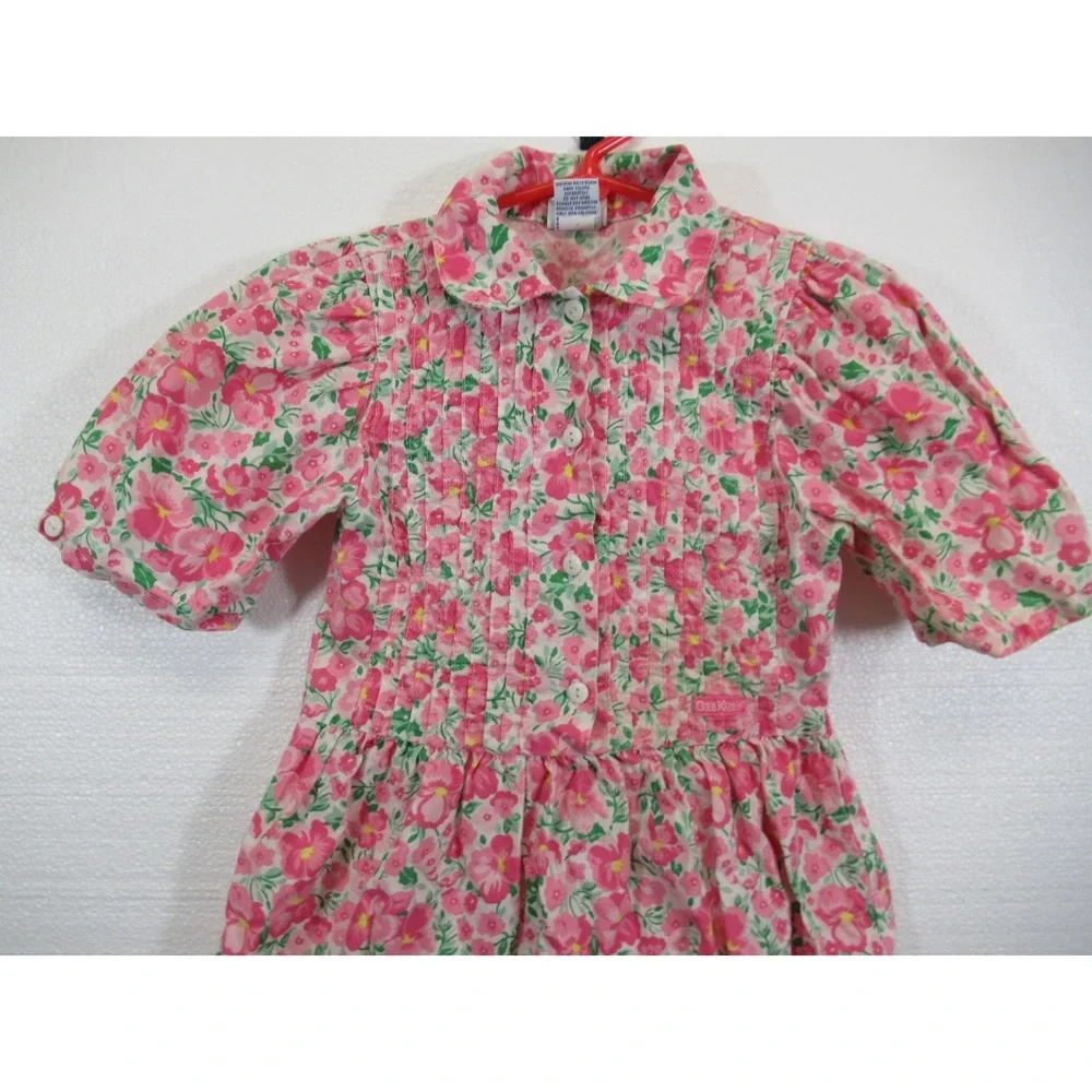 Vintage 90s Y2K OshKosh Pink Floral Pleated Dress Girls 6 Puff Sleeve HEMMED